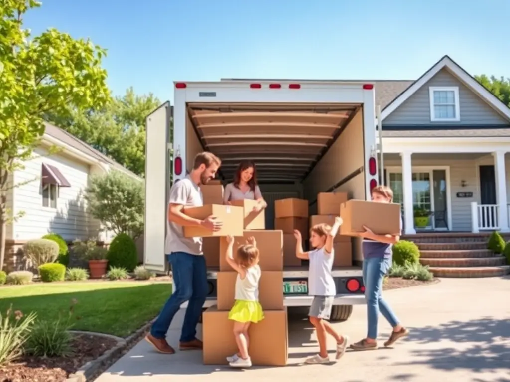 A moving truck being loaded with boxes in front of a suburban house, with a family waving goodbye.