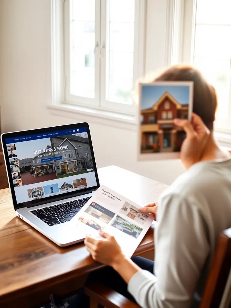 A person reading a helpful guide about buying a home, with a laptop displaying the Resi Service Pros website in the background.