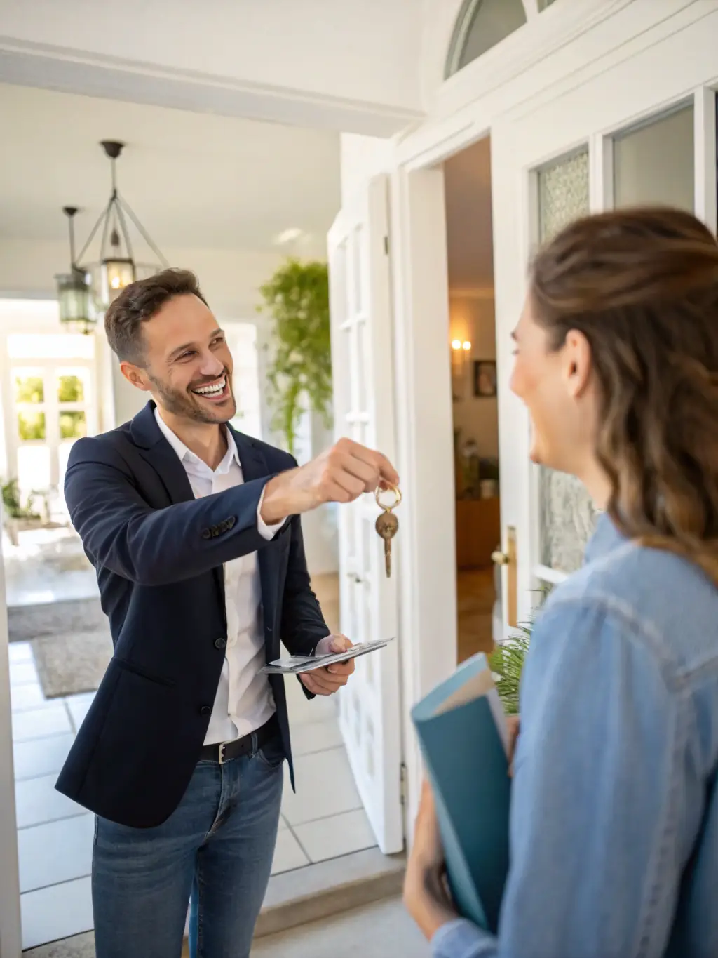 A real estate agent handing over keys to a happy new homeowner in front of their new house.