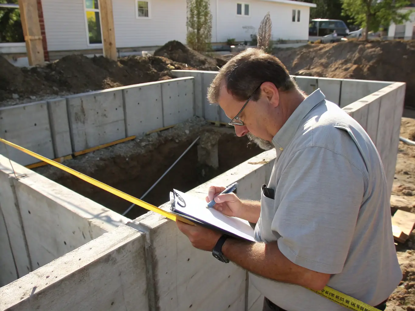 An image of a professional home inspector examining a house with tools in hand, focusing on the foundation.