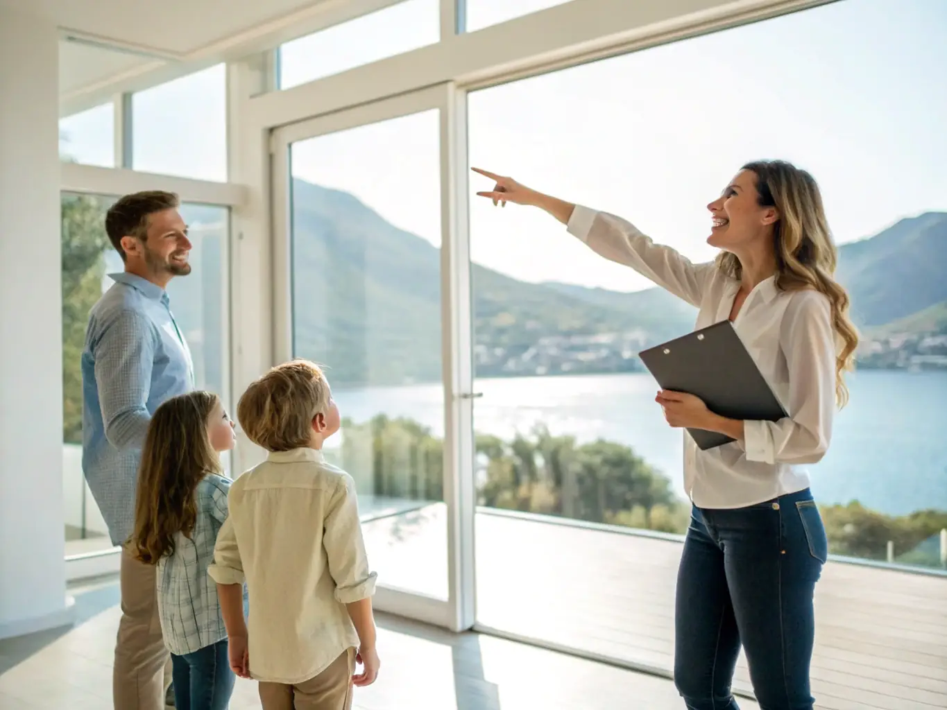 A friendly real estate agent showing a modern house to prospective buyers, emphasizing the open floor plan.